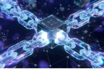 Cubo luminoso con patrones de circuito del que parten cuatro cadenas brillantes en un espacio oscuro con nodos, evocando conexión segura y estructura descentralizada en red digital.