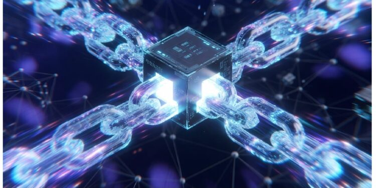 Cubo luminoso con patrones de circuito del que parten cuatro cadenas brillantes en un espacio oscuro con nodos, evocando conexión segura y estructura descentralizada en red digital.