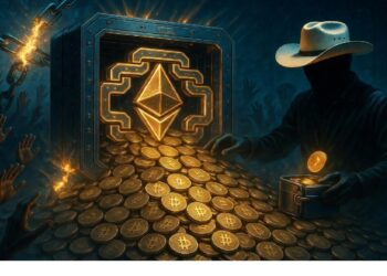 Bóveda luminosa con símbolo digital emite monedas doradas mientras figura con sombrero observa la escena rodeada de cadenas y manos, evocando tensión entre valor cripto y misterio.