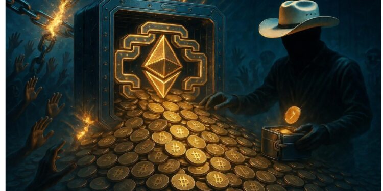 Bóveda luminosa con símbolo digital emite monedas doradas mientras figura con sombrero observa la escena rodeada de cadenas y manos, evocando tensión entre valor cripto y misterio.