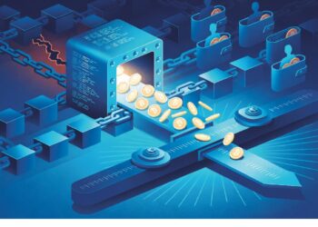 Máquina tipo bóveda azul generando monedas Bitcoin que caen sobre una balanza, conectada a una cadena de bloques y figuras humanas en contenedores digitales, simbolizando minería y valoración cripto.