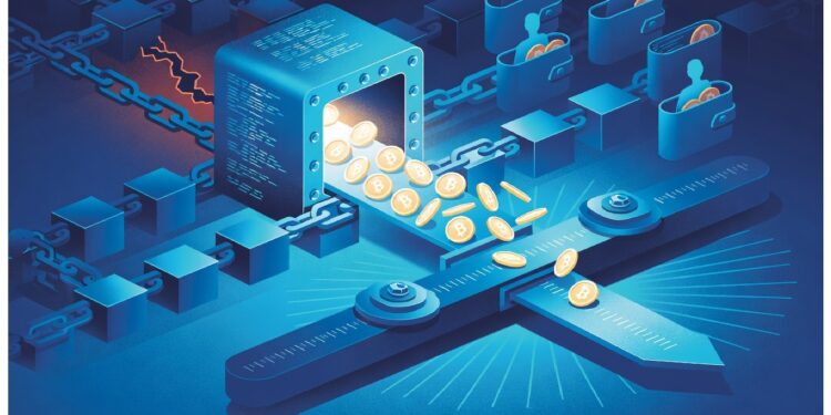 Máquina tipo bóveda azul generando monedas Bitcoin que caen sobre una balanza, conectada a una cadena de bloques y figuras humanas en contenedores digitales, simbolizando minería y valoración cripto.