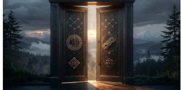 Puertas metálicas ornamentadas abiertas en paisaje montañoso con símbolos brillantes relacionados con tecnología digital, mientras luz intensa atraviesa el umbral evocando descubrimiento e innovación.