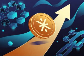 Moneda dorada con símbolo cripto sobre flecha ascendente, rodeada de cubos y cadenas blockchain en tonos azul y teal, representando crecimiento financiero y tecnología descentralizada.