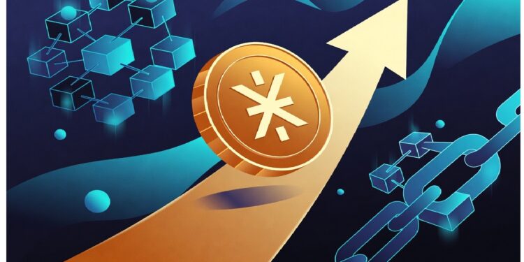 Moneda dorada con símbolo cripto sobre flecha ascendente, rodeada de cubos y cadenas blockchain en tonos azul y teal, representando crecimiento financiero y tecnología descentralizada.