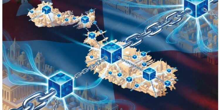 Cadenas metálicas enlazan cubos digitales azules rodeados de energía luminosa frente a una ciudad clásica, simbolizando redes blockchain y su integración en sistemas institucionales.