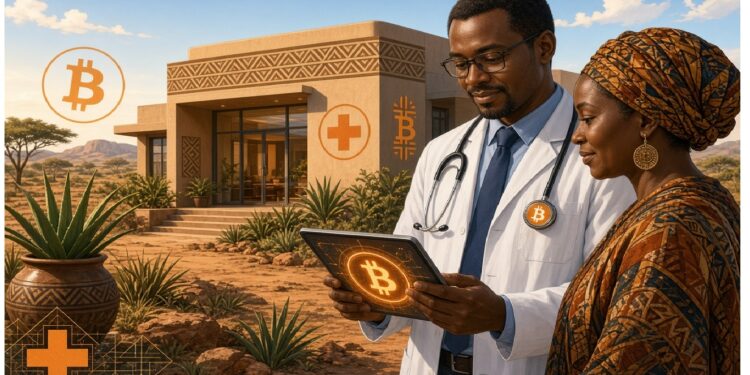 Doctor con bata mostrando una tableta con símbolo de Bitcoin a una persona con atuendo tradicional frente a edificio moderno con motivos médicos en paisaje árido con plantas suculentas.