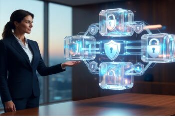 Persona de traje en oficina luminosa observa proyección holográfica con cubos conectados e iconos de escudo y candado, evocando protección de datos y tecnologías de ciberseguridad.