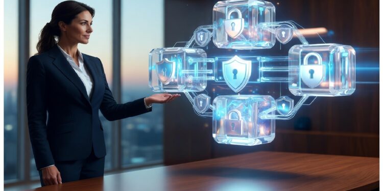 Persona de traje en oficina luminosa observa proyección holográfica con cubos conectados e iconos de escudo y candado, evocando protección de datos y tecnologías de ciberseguridad.