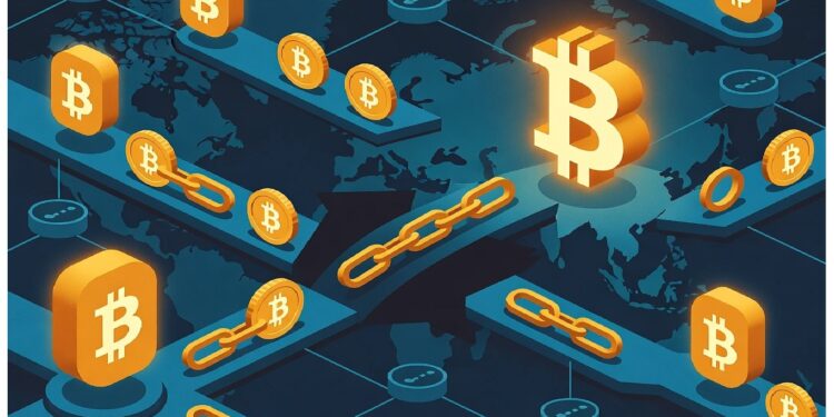 Cubo con símbolos de criptomonedas y logo de Litecoin rodeado de íconos digitales conectados por una cadena metálica sobre fondo azul futurista, evocando redes blockchain.