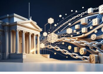 Edificio institucional clásico del que emergen flujos digitales con cadenas, cubos y símbolos monetarios, representando la integración entre finanzas tradicionales y tecnologías blockchain.