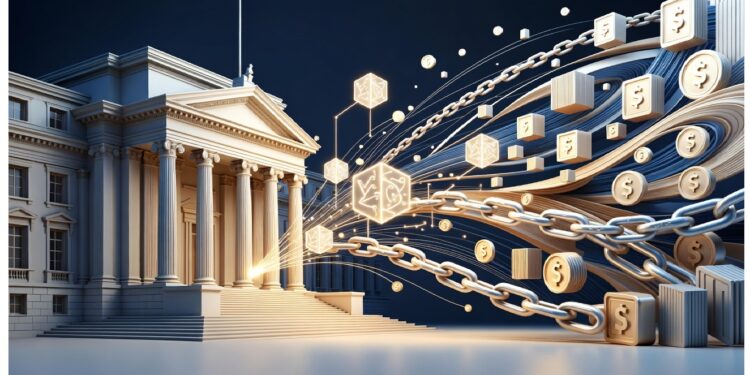 Edificio institucional clásico del que emergen flujos digitales con cadenas, cubos y símbolos monetarios, representando la integración entre finanzas tradicionales y tecnologías blockchain.
