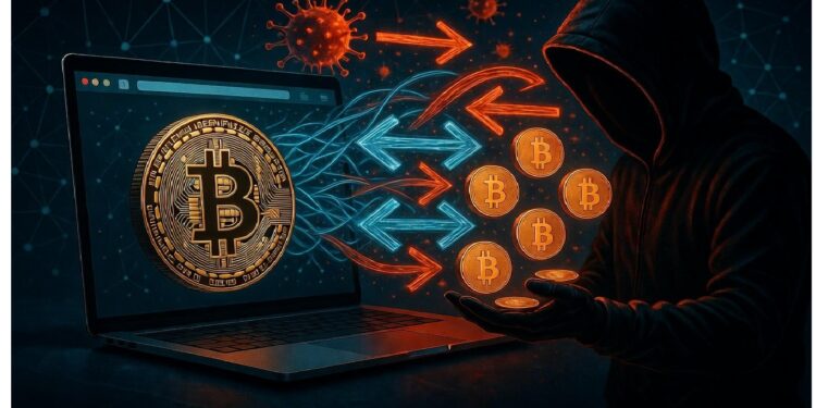 Figura encapuchada junto a portátil con símbolo de Bitcoin y flujos luminosos hacia sus manos, sobre fondo con formas virales y red digital, evocando riesgo y actividad cibernética.