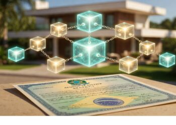 Documento de propiedad en primer plano con sello oficial y cubos luminosos conectados sobre él, mientras una casa moderna aparece al fondo, evocando registro seguro en entorno digital.