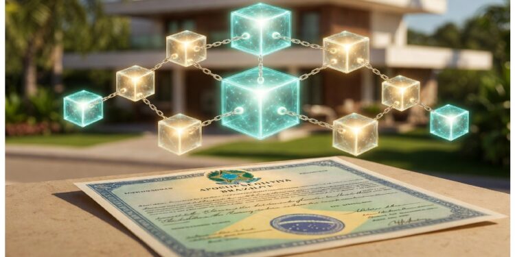 Documento de propiedad en primer plano con sello oficial y cubos luminosos conectados sobre él, mientras una casa moderna aparece al fondo, evocando registro seguro en entorno digital.