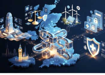 Mapa del Reino Unido con íconos de energía renovable, salud, justicia y redes blockchain sobre ciudades y Big Ben, representando infraestructura digital y sectores tecnológicos interconectados.