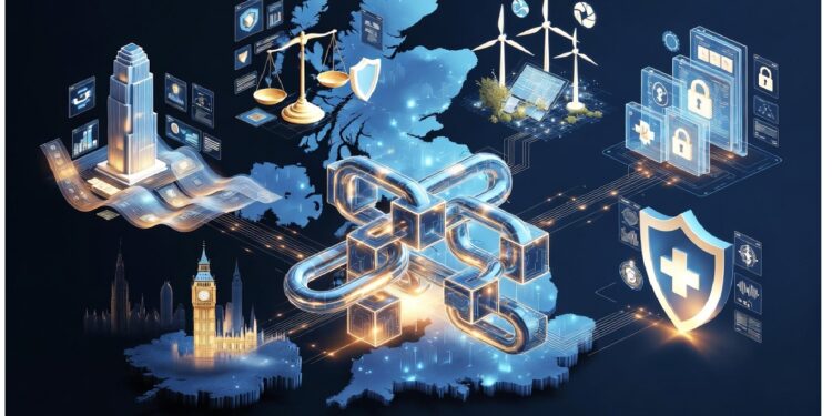 Mapa del Reino Unido con íconos de energía renovable, salud, justicia y redes blockchain sobre ciudades y Big Ben, representando infraestructura digital y sectores tecnológicos interconectados.