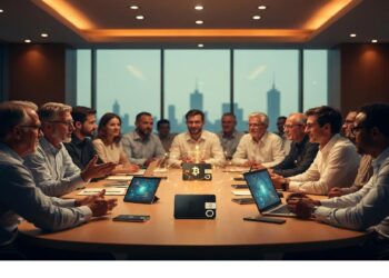 Personas reunidas en sala de reuniones con ciudad al fondo mientras holograma central muestra símbolos cripto y líneas luminosas, evocando análisis colaborativo y enfoque digital financiero.
