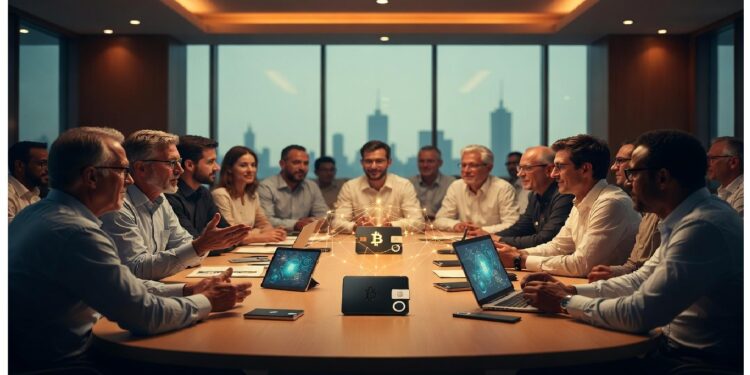 Personas reunidas en sala de reuniones con ciudad al fondo mientras holograma central muestra símbolos cripto y líneas luminosas, evocando análisis colaborativo y enfoque digital financiero.