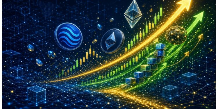 Símbolos de criptomonedas sobre una red de cubos azules con flechas ascendentes doradas y verdes, junto a barras de crecimiento, evocando alza de mercado y tecnología blockchain en un entorno futurista.
