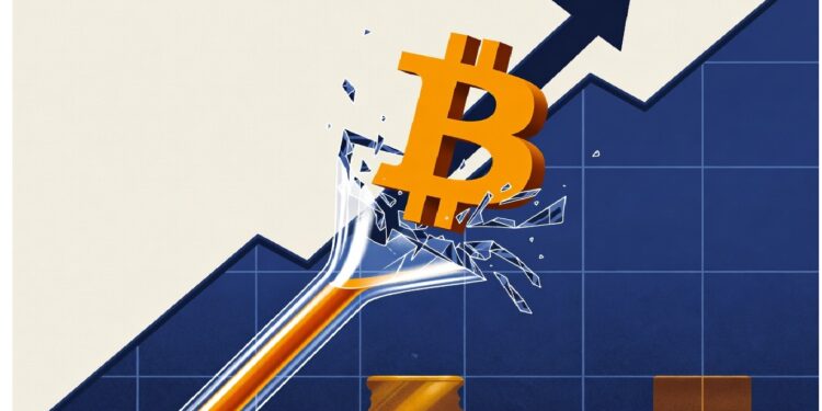 Símbolo naranja de Bitcoin atravesando una superficie fragmentada frente a un gráfico ascendente azul, evocando impulso de mercado y ruptura de barreras en el crecimiento cripto.