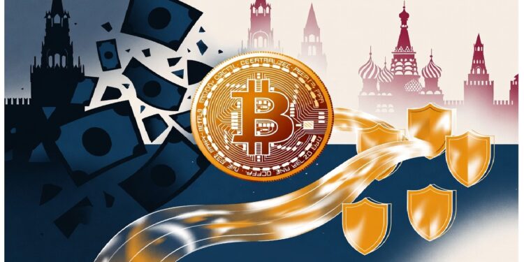 Ilustración digital de un gran símbolo de Bitcoin conectado a flujos dorados, con arquitectura rusa estilizada, billetes tradicionales y escudos de ciberseguridad que representan la transición entre dinero físico y protección blockchain.