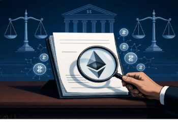 Mano con lupa enfocando el logo de Ethereum sobre documentos, con símbolos jurídicos y criptomonedas conectadas al fondo, evocando análisis regulatorio y revisión legal de activos digitales.