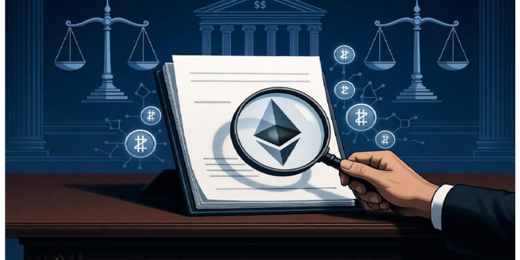 Mano con lupa enfocando el logo de Ethereum sobre documentos, con símbolos jurídicos y criptomonedas conectadas al fondo, evocando análisis regulatorio y revisión legal de activos digitales.