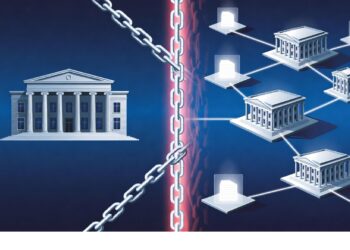 Edificio bancario encadenado frente a varios edificios conectados por líneas luminosas, separados por una barrera roja vertical, simbolizando sistemas financieros centralizados versus descentralizados.