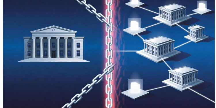 Edificio bancario encadenado frente a varios edificios conectados por líneas luminosas, separados por una barrera roja vertical, simbolizando sistemas financieros centralizados versus descentralizados.