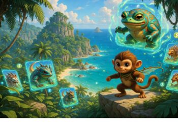 Criatura pequeña sobre roca en isla tropical observa paneles brillantes con animales fantásticos flotando a su alrededor, evocando mezcla de naturaleza exuberante y magia digital.