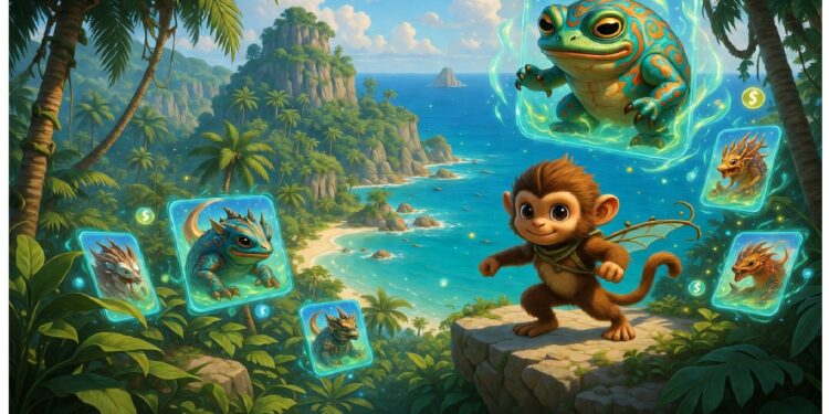 Criatura pequeña sobre roca en isla tropical observa paneles brillantes con animales fantásticos flotando a su alrededor, evocando mezcla de naturaleza exuberante y magia digital.