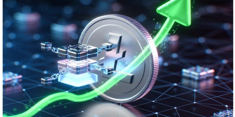 Moneda plateada de Litecoin en primer plano con flecha verde ascendente y elementos luminosos en red alrededor, evocando crecimiento del mercado cripto y entorno tecnológico digital.
