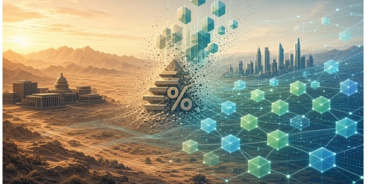 Paisaje que combina desierto con arquitectura clásica y ciudad futurista, con pirámide central y patrones digitales, evocando contraste entre civilización tradicional y transformación tecnológica.