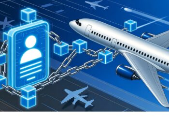 Avión en vuelo junto a un ícono de identificación digital conectado por cubos azules, con rutas aéreas al fondo, evocando identidad segura y tecnología blockchain aplicada a la aviación.