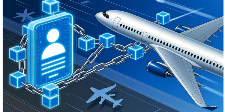 Avión en vuelo junto a un ícono de identificación digital conectado por cubos azules, con rutas aéreas al fondo, evocando identidad segura y tecnología blockchain aplicada a la aviación.
