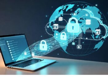 Laptop con ilustración digital de ciberseguridad: mapa mundial, líneas de conexión y candados que representan protección de datos, redes seguras y seguridad informática global.