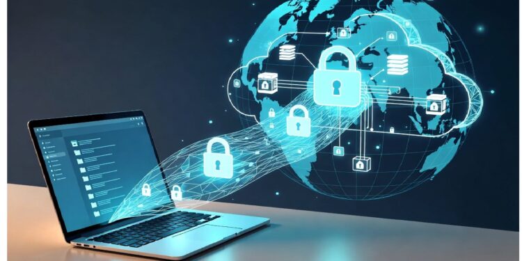 Laptop con ilustración digital de ciberseguridad: mapa mundial, líneas de conexión y candados que representan protección de datos, redes seguras y seguridad informática global.