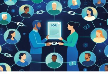 Dos personas sostienen un documento IOU conectadas por un eslabón digital, rodeadas de retratos enlazados con íconos de dinero y cajas, representando una red de intercambios descentralizados.