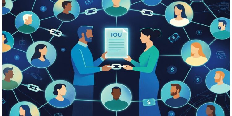 Dos personas sostienen un documento IOU conectadas por un eslabón digital, rodeadas de retratos enlazados con íconos de dinero y cajas, representando una red de intercambios descentralizados.