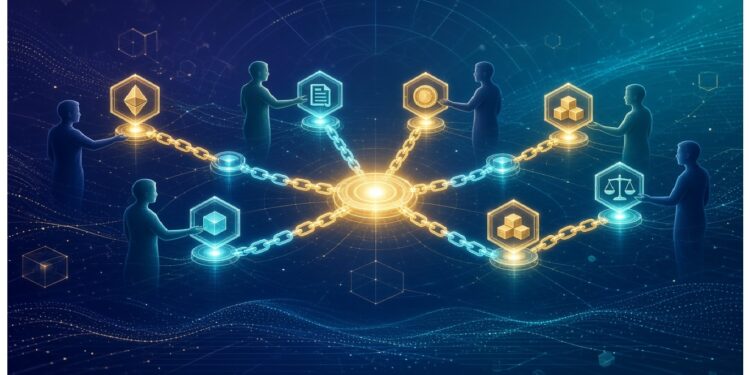Nodo central luminoso conectado por cadenas doradas a figuras que sostienen íconos de documento, cubo, justicia y criptomonedas, evocando red blockchain distribuida y colaboración descentralizada.