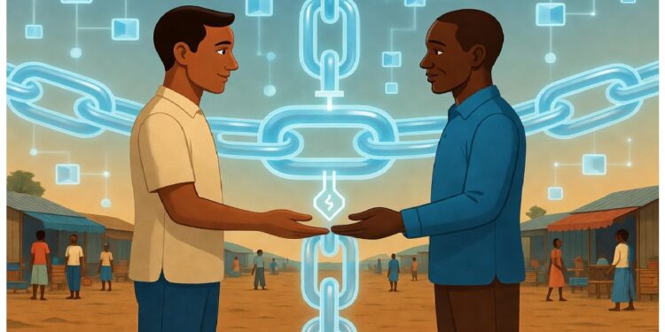 Dos personas frente a un mercado extienden sus manos mientras una cadena digital luminosa se eleva detrás, simbolizando conexión, confianza y tecnología blockchain en entornos comunitarios.