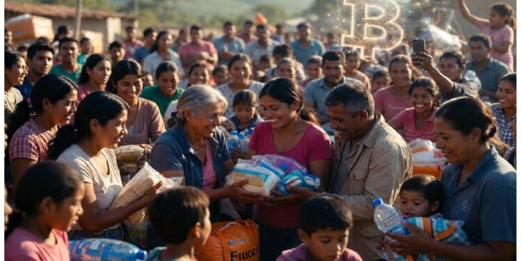 Personas reunidas al aire libre distribuyen suministros mientras símbolo brillante de Bitcoin flota sobre la escena, evocando apoyo comunitario y vínculo entre ayuda local y tecnología digital.