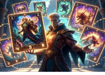 Mago en salón luminoso haciendo levitar cartas ilustradas con criaturas fantásticas como dragones y unicornios, evocando un juego de estrategia mágico.
