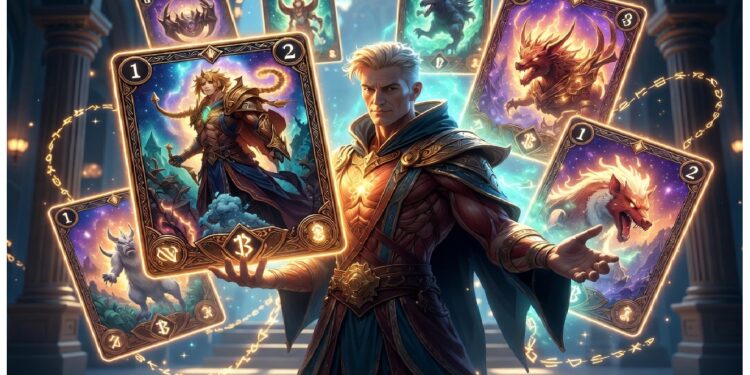 Mago en salón luminoso haciendo levitar cartas ilustradas con criaturas fantásticas como dragones y unicornios, evocando un juego de estrategia mágico.