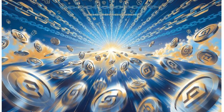 Monedas metálicas con símbolos geométricos salen de una luz central mientras cadenas digitales se extienden hacia el horizonte, evocando transacciones cripto y expansión de redes blockchain.