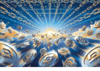 Monedas metálicas con símbolos geométricos salen de una luz central mientras cadenas digitales se extienden hacia el horizonte, evocando transacciones cripto y expansión de redes blockchain.