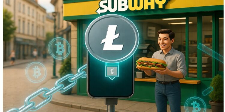 Persona sosteniendo un sándwich frente a un restaurante Subway mientras símbolos de Litecoin y Bitcoin brillan sobre una cadena digital, evocando pagos con criptomonedas en comercios.
