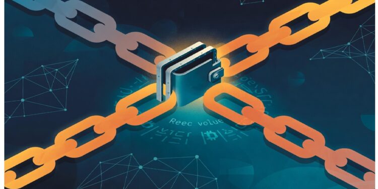 Icono de billetera digital rodeado de cadenas tipo blockchain en tonos naranja y gris, con patrones de red y símbolos criptográficos que representan transacciones seguras y ecosistemas descentralizados.