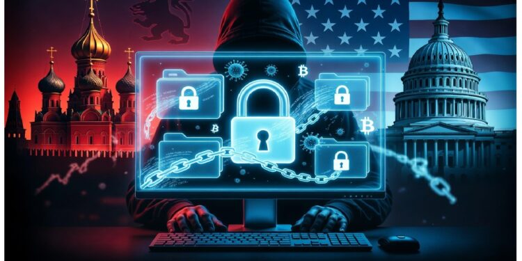 Figura encapuchada ante ordenador con candados, cadenas y símbolos de Bitcoin en pantalla, flanqueada por catedral rusa y Capitolio, evocando tensión geopolítica y ciberseguridad.